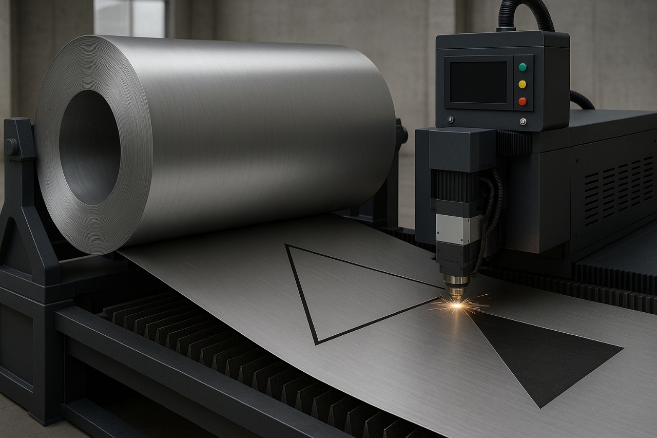Fiber laser cutting a triangular panel skin from stainless steel coil stock
